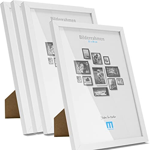 Din A4 Bilderrahmen 21x30cm (4Stk) in Weiß, minimalistischer Fotorahmen für Fotos & Bilder. Inkl. Acrylglasschutz. Eignet sich als Tisch-Aufsteller und für die Wand, Hochformat oder Querformat