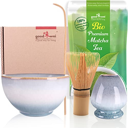 Goodwei Matcha Kit Thé Matcha BIO Japonais avec Fouet Bambou, Bol de Cérémonie en Céramique et support à fouet | Coffret cadeau (Moya)