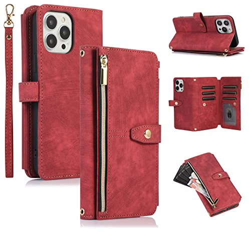 UEEBAI Case for iPhone 13 Pro 6.1 inch, 9 Card Slots Retro Leather Wallet Shockproof Flip Cover with Hand Strap Card Slots Zipper Pocket Kickstand Handbag Magnetic Closure - Vintage Red