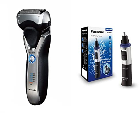 Panasonic Nass/Trocken-Rasierer ES-RT67 mit 3 Scherelementen, ausschiebbarem Langhaarschneider, 5-stufige Akkuanzeige & Nasen/Ohrhaarschneider ER-GN-30K mit Batteriebetrieb