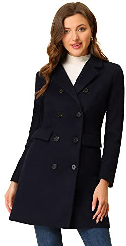 Allegra K Damen Langarm Wintermantel Umlegekragen Zweireiher Kammgarn Trenchcoat Mantel Dunkel Blau M