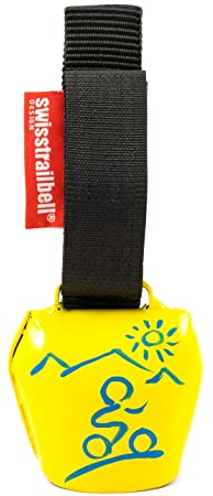 swisstrailbell® Fresh Colour-Edition: Gelb mit blauem Mountainbiker, schwarzes Band, Trailbell, Bear Bell