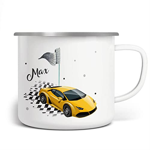 miKalino Emaille Tasse Schnelles Rennauto personalisierte Kindertasse mit Wunschnamen bedruckt Emaille Becher Emailletasse | handbedrucktes Geschenk, Farbe:weisssilber, Grösse:300ml