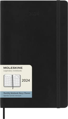Moleskine Monatsplaner 12 Monate 2024, Planer 2024, Großformat 13x21, Weicher Einband und elastischer Verschluss, Farbe Schwarz