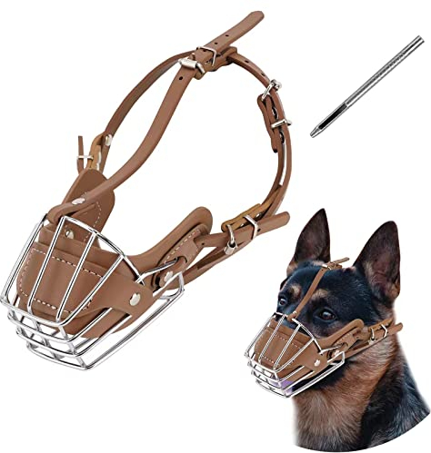 Yinrikom Hundemaulkorb, Metall-Gesichtskorb, Hundemund, atmungsaktiv, verstellbar, Lederleine, geeignet für große mittelgroße Hunde (Braun M)