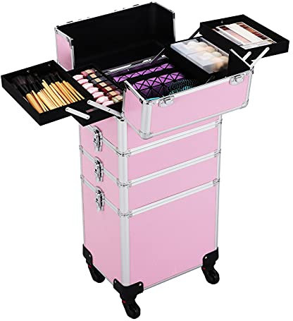 Yaheetech 4 in 1 Beauty Case Rolling Cosmetics Organiser Makeup Vanity Case Lockable Hairdressing Trolley Pink