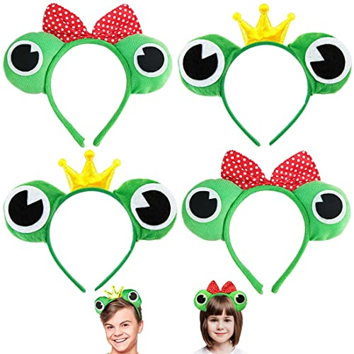 MEZHEN Haarreif Frosch Haarband Kinder Haarreifen Froschkönig Haarschmuck mit Froschaugen und Krone Kostüm Accessoire Crazy Frog für Fasching Karneval Party Carnival Costume 4 Stück