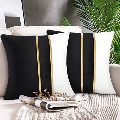 Hanrunsi Kissenbezug 50x50cm(20x20Inch) Schwarz Kissen Kissenhülle Samt Kissen Golden Patchwork Dekokissen Couchkissen Kopfkissen Sitzkissen für Wohnzimmer Sofa Couch Schlafzimmer Auto Stuhl Garten