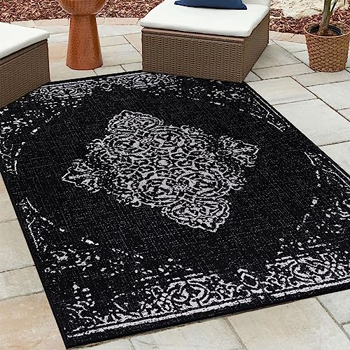 HomebyHome Outdoor Teppich Wetterfest 160x230 cm Sisal Optik Vintage Design Rechteckig Schwarz - Balkon Teppich Wasserfest Küchenteppich - Für Garten, Terasse, Camping, Außenbereich Teppich