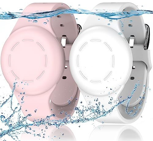 R-fun Waterproof Air Tag Armbänder für Kinder [2 Pack] Kompatibel mit Apple Air Tag Finders mit weichem Silikon, Anti Lost GPS Item Finders Case Cover für Kinder,Weiß/Rosa