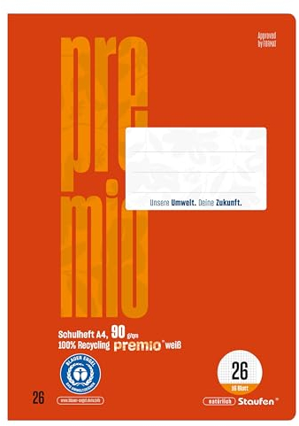 Staufen premio Schulheft - 4 Hefte je 16 Blatt, DIN A4, Lineatur 26 (kariert mit Rand), 90 g/m² Recyclingpapier, runde Ecken verhindern „Eselsohren“
