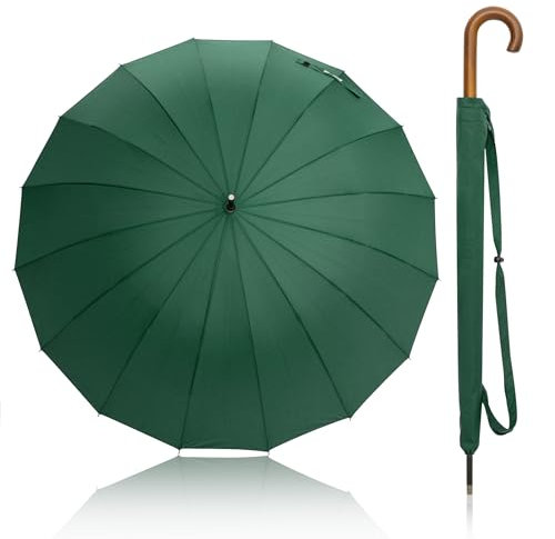 Becko Stick Tote Umbrella, Durable and Strong Enough for The Fierce Wind and Heavy Rain, Unisex Golf Umbrella, Color Green or Clear, with J-Handle / 16 Ribs (Green J-Handle16 Ribs)