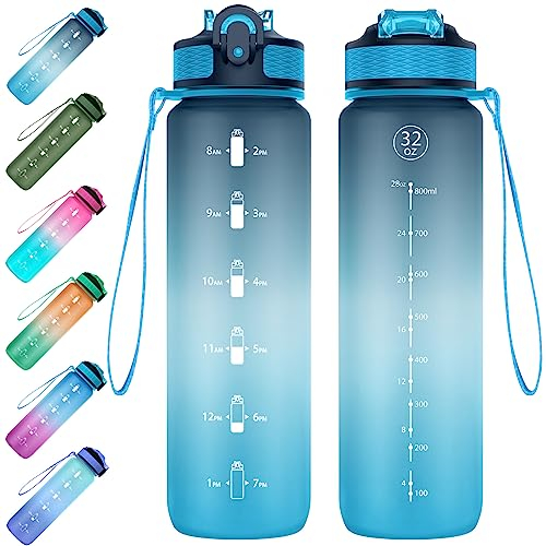 EYQ 1L Trinkflasche, Wasserflasche mit Strohhalm, Tritan BPA Free Auslaufsicher Sport Flasche, Sportflasche mit Zeitmarkierung für Schule Fitness Gym Sport-Dunkelblau