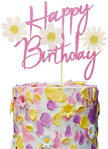 Arthsdite Daisy Flower Happy Birthday Cake Topper, Pink Dasiy Flowers Cake Decor, Summer Chrysantheme Daisy Birthday Party Supplies, White Daisy Flower Themed Party Decorations