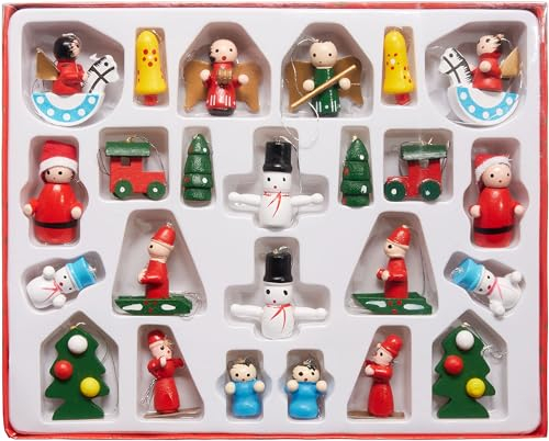 BRUBAKER 24 Piezas de Adornos de Madera para el Árbol de Navidad - Figuras de hasta 4 cm de Altura - Set de Colgantes Tradicionales de Madera Pintados a Mano - Abetos - Papá Noel - Ángeles