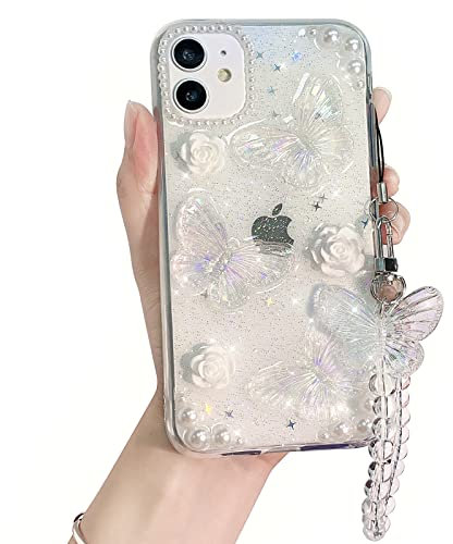NITITOP Compatible with iPhone 11 Case Cute Clear 3D Butterfly with Flower Floral Pearl Glitter for Girls Women Soft TPU Shockproof Protective Cover Girly - iPhone 11