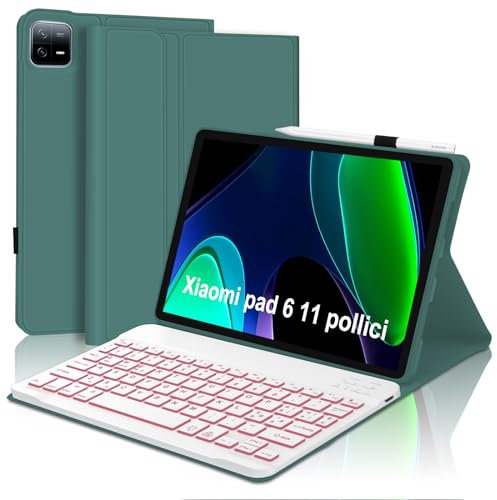 WINCHKING Teclado para Xiaomi pad6 11 2023, diseño italiano, 7 funciones de retroiluminación, funda para 11 pulgadas, teclado delgado Bluetooth inalámbrico magnético desmontable, verde oscuro