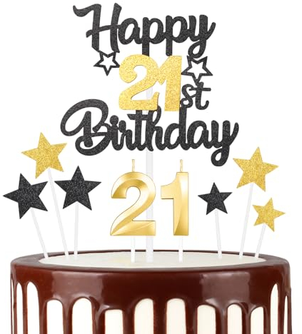 Black Gold 21th Happy Birthday Candles Cake Toppers Set, Number 21 Candle for Cake, Gold Candles for Women Men Birthday Decorations, Star Cake Toppers for Girls Boys Birthday Party Wedding Anniversary