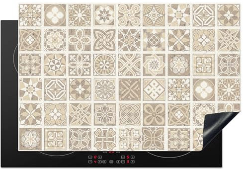 KitchenYeah© Copri Piano Induzione 78x52 cm Cucina Coprifornelli Copertura Protezione Cottura Tutto per la Cucina Mosaico - Vintage - Beige - Motivo - Fiori