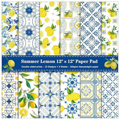 ZAKHSE Motivpapier 30x30cm, 24 Blatt Doppelseitig Zitrone Obst Druck Designpapier Bastelpapier Bunt, 12 Designs, Scrapbook Papier Dekopapier für DIY Origami Kartenherstellung Sammelalbum-Gelb/Blau