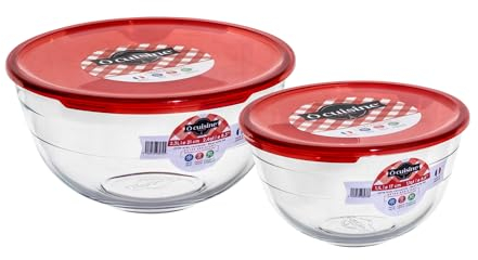 Ocuisine Ôcuisine® Glass Round Mixing Bowl Set with Red Lids | Extreme Resistance | Oven Safe - Freezer Safe - Microwave Safe | Borosilicate Glass | Made in France Prep & Store (Set of 2-1L & 2L)