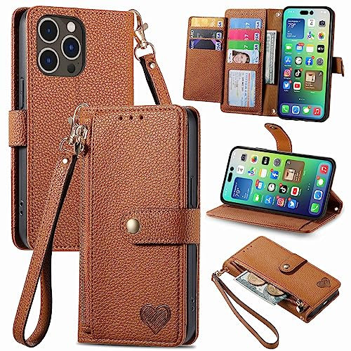 VEEMOS Zipper Wallet Case for Apple iPhone 14 Pro Max Phone Case with Purse Card Holders RFID Blocking Leather Flip Case Book Cover Wrist Strap Women - Brown