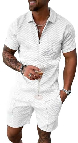 amropi Herren Sportanzug Sommer Trainingsanzug Kurzarm Reißverschluss Top und Shorts Kleidung Set Weiß, XL