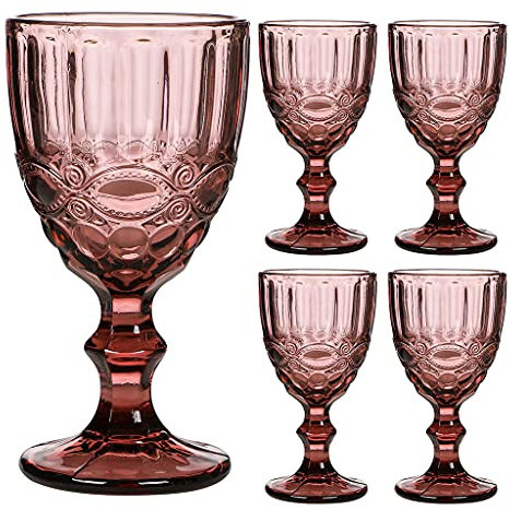 Dibor Wine Glasses Set of 4 Embossed Vintage Style Baroque Wine Goblet Glassware Set Dishwasher Safe Wine Glass Set Alfresco Dining Glassware (Pink)