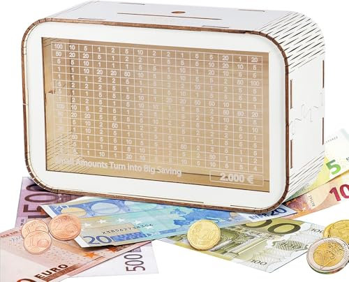 LOVLEY Spardose 2000 Euro mit Zählwerk aus Holz – weiße Sparbox mit Schweinchen-Muster für Erwachsene – Geschenkidee & Deko