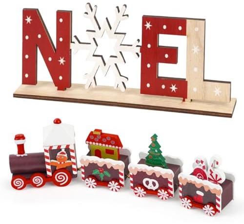 MorLuks 2PCS Weihnachtsdekorationen, hölzerne Weihnachtszug mit Weihnachtsbaum Form, Holzbuchstaben Ornamente mit Schneeflocken, kreative Dekorationen für Silvester Party Weihnachten Tisch