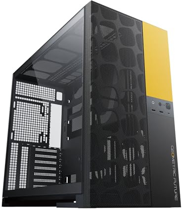 Geometric Future M5 Vent Mesh Front Panel Tempered Glass Mid Tower, E-ATX/ATX Gaming Case, High Airflow, 1.2mm Steel, Type C, Support 420/360 Radiator, Dual-Chamber, Black/Yellow, GEO-M5V-BY