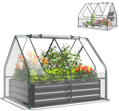HOMASIS 2 in 1 Gewächshaus mit Hochbeet, Foliengewächshaus Winterschutz, Frühbeet aus Metall & PVC-Folie, Tomatenhaus mit 2 Fenstern, Blumenkasten für Garten Balkon (Grau + Grün, 129 x 97 x 96 cm)