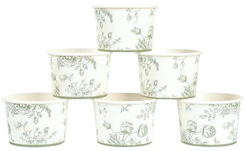 Elyxio 50Pcs Floral Treat Snack Cups Pink Flowers Ice Cream Cups 9oz Disposable Green and White Chinoiserie Dessert Bowls for Sundae Frozen Yogurt Soup Birthday Party Supplies (Sage Green)