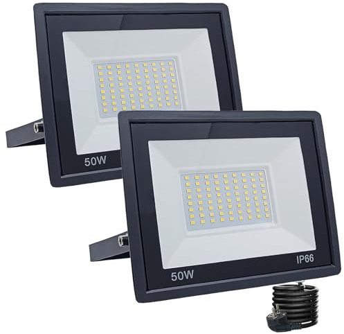 Meision LED Strahler Außen 50W, LED Scheinwerfer mit Stecker, Superhell Aluminium Flutlicht Kaltweiß 6500K IP66 Wasserdicht, LED Außenstrahler mit 3m Kabel für hof, Garage, Garten, 2 Stücke