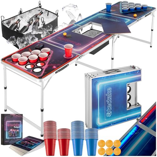 TecTake® Tavolo da Beer Pong Regolabile, Pieghevole, Vano Ghiaccio, Illuminazione LED 3 modalità, MDF Robusto, Telaio Alluminio, Stampa Elegante, 100 Bicchieri, 6 Palline, Antiscivolo