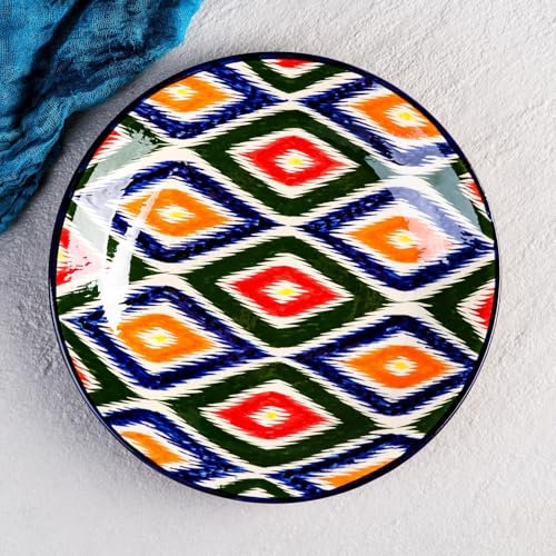 Plato plano de cerámica de 11 pulgadas, hecho a mano, cerámica uzbeka, patrones coloridos, apto para microondas, utensilios de cocina orientales tradicionales, decoración del hogar
