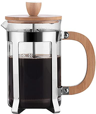 Cafetera de prensa francesa de 600 ml, prensa de té de vidrio de borosilicato con mango de madera y tapa, émbolo de café