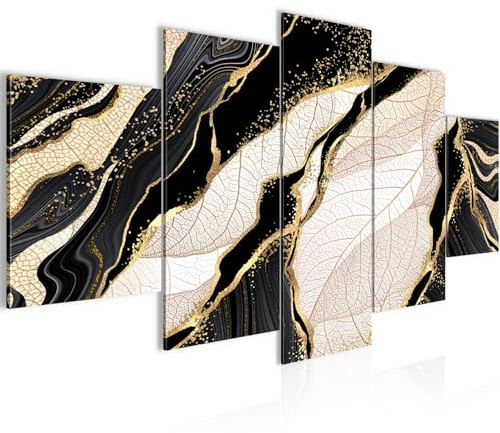 Runa Art Bild Wohnzimmer Schlafzimmer Abstrakt Blätter 5 Teilig Abstract Schwarz Gold Wandbilder auf Vlies Leinwand 054053a