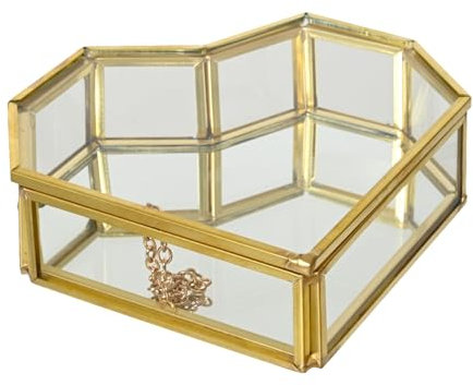 Schmuckschatulle in Herzform 12x10cm Glas Metall - dekorative Schmuckaufbewahrung Glasbox mit Deckel - Aufbewahrungsbehälter Schmuckschale Herzbox - Transparent Gold
