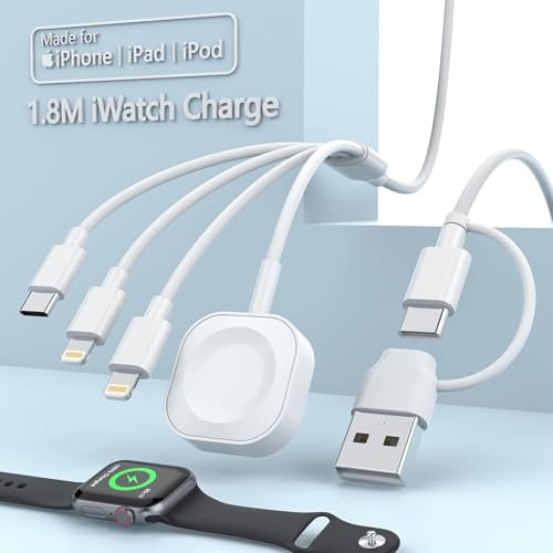 4-in-2 Travel Multi Charger Cable, 6FT/1.8M USB A/C Charging Cable with iWatch Charger+Lightning*2+Type C Port for Apple Watch Series 9/8/Ultra/7/6/5/SE/iPhone 16/15/14/13/12 Pro/Samsung/iPad, White