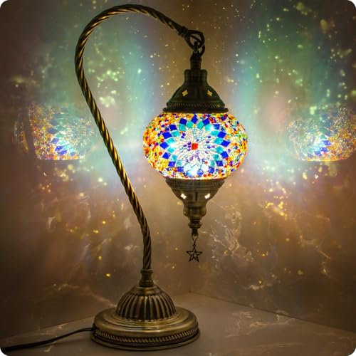 Soilsiu Türkische marokkanische Lampe mit Bronze-Sockel, 3 Helligkeitsoptionen, handgefertigt, Schwanenhals, Tiffany-Mosaikglas, Nachttischlampen für Schlafzimmer, Blue1