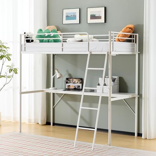 Bonnlo Loft Bunk Bed with Desk, Non-Slip Inclined Ladder Single Loft Bed with Outlet and LED Light Strip, Multifunctional Raised Metal Bed Frame for Kids, Teens and Adults, White