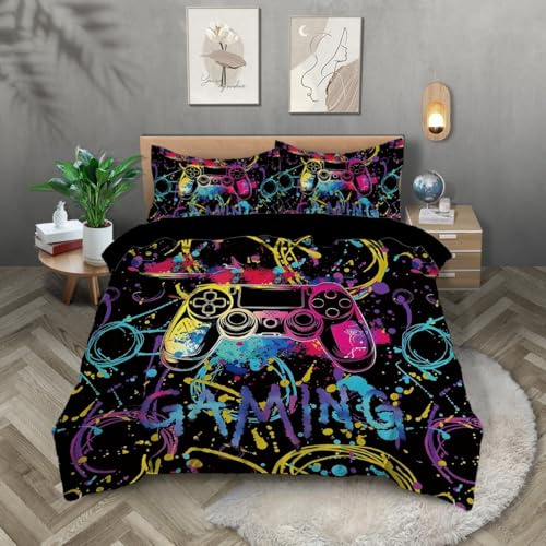 ZKTCYC Gamer Parure de Lit 220x240 Enfant Garçon Fille Adulte Gamepad Gaming Housse de Couette 220x240 Manette de Jeu Colorée Housse de Couette 2 Personnes en Microfibre avec Fermeture éClair