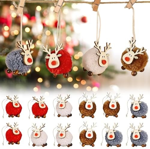 yisight 12 Stück Weihnachtsbaum Anhänger, Weihnachtsschmuck Rentier, Weihnachtsbaumschmuck, Weihnachtsbaum Elch Anhänger, Filz Weihnachtsdeko, Christbaumschmuck, Party Deko