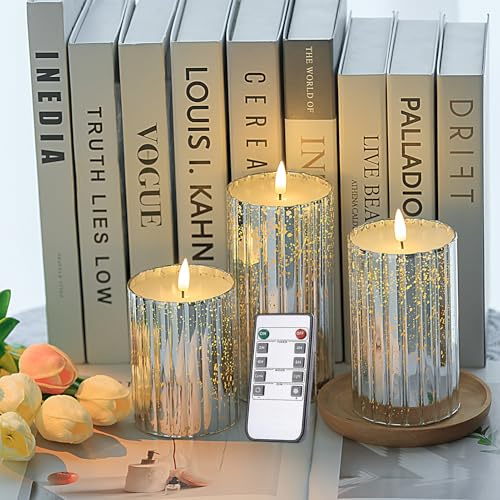 volnyus Silver Glass Flameless Candles Set of 3 (Φ 3 H 4 5 6) with Remote Battery Operated Flickering LED Pillar Candles Real Wax 3D Wick