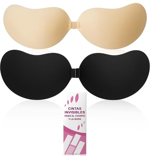 2uds Sujetador Invisible Push Up-Talla B-Adhesivo Hipoalergénico-Reutilizable y Cómodo-Realce Natural y Discreto-Ideal para vestidos sin tirantes, escote y espalda descubierta-Colores Beige y Negro