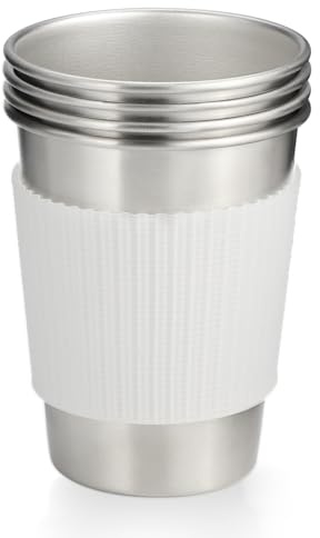 Leegg Juego de 4 vasos de acero inoxidable para fiesta de cerveza, camping, taza reutilizable con mangas de silicona sin asa (blanco plateado)