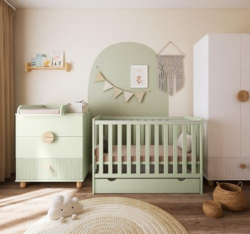 zee Bambi Mint Babybett 120x60 cm 2in1 mit Matratze, Schublade & Schutzbarriere Klassisches Gitterbett 3-Fach Höhenverstellbar Kinderbett mit Beißschutz & zu Juniorbett umbaubar