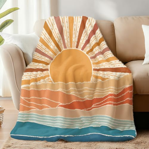 WADORN Bohemian Sun Tagesdecke Abstrakte Minimalistische Ästhetische Überwurfdecke Im Retro Sonnenuntergangs Flauschig Weich Aus Flanell Fleece 150x130cm Für Zuhause Büro Schlafzimmer Sofa Bett Couch