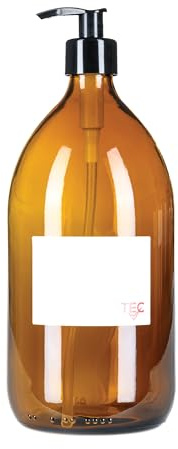 TEC 1 Litre Bottles Amber Glass 65% Recycled with Pumps UK Made Large Soap Dispenser for Handwash Recyclable Refillable Labels Wrapped in Brown Sustainable Paper (1)